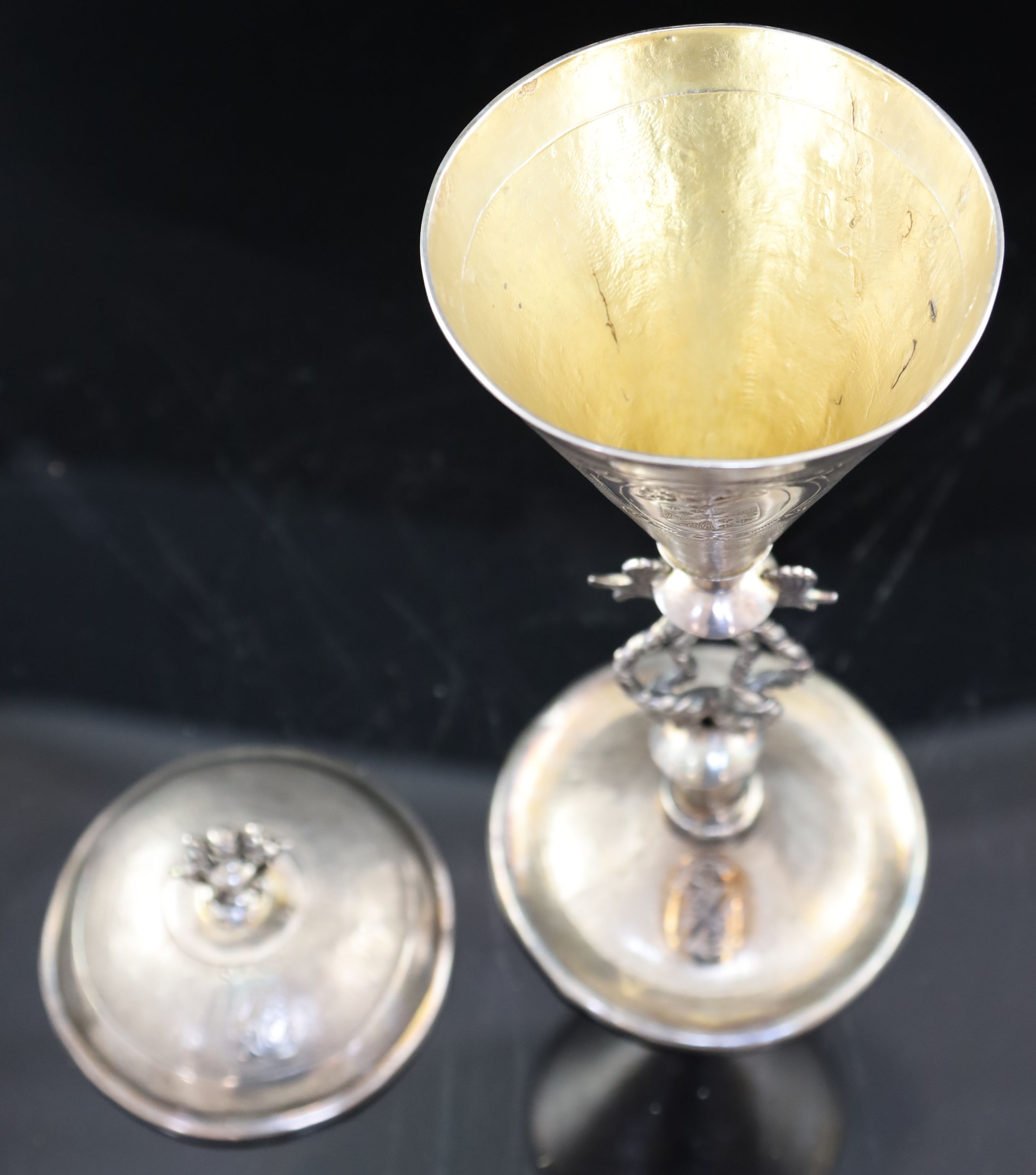 A Continental white metal cup and cover, 35.5cm, 14.5 oz, a silver plated tureen and a rectangular dish